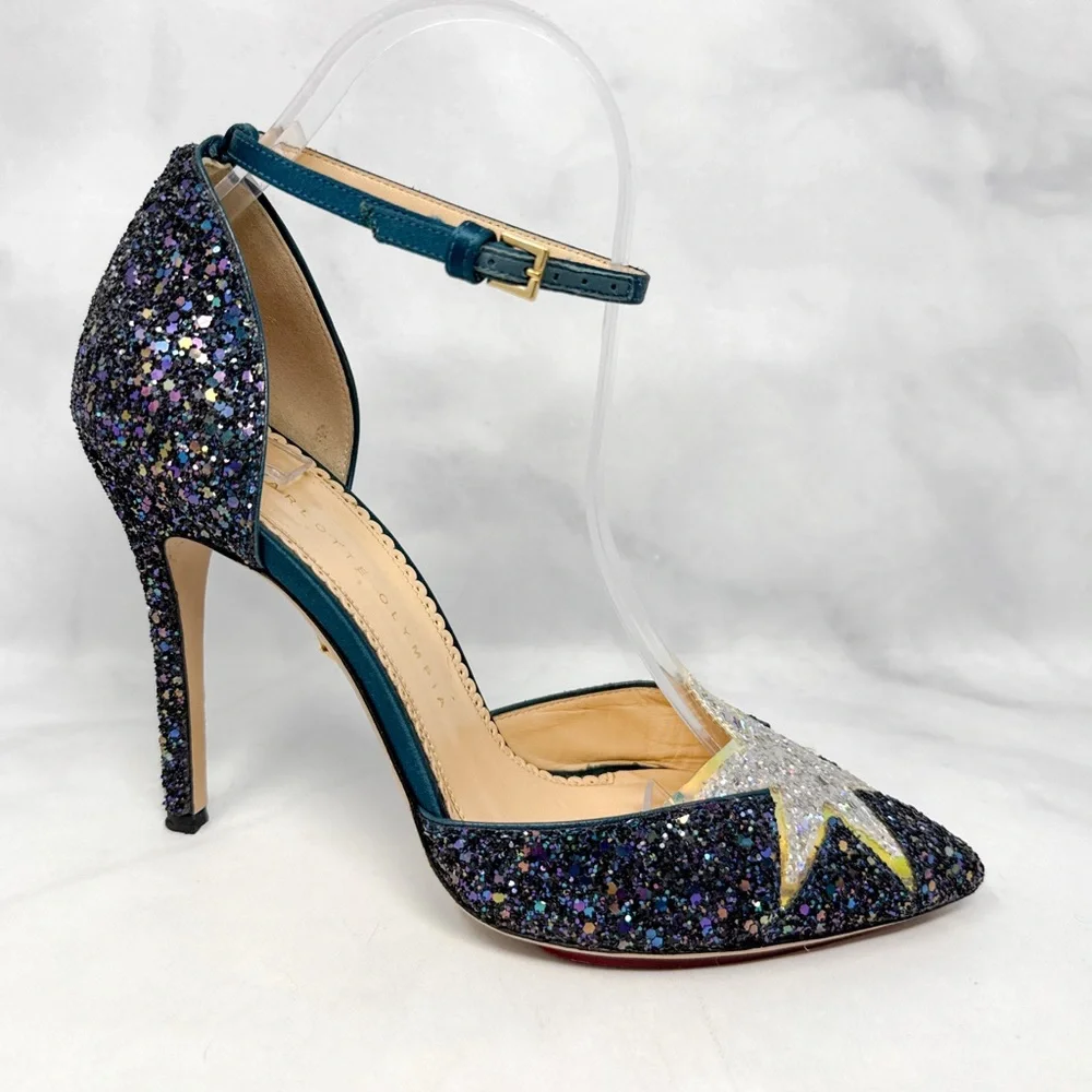 Charlotte Olympia Twilight Princess Glitter Star Ankle Strap Pointed Toe Heels - Picture 3 of 16
